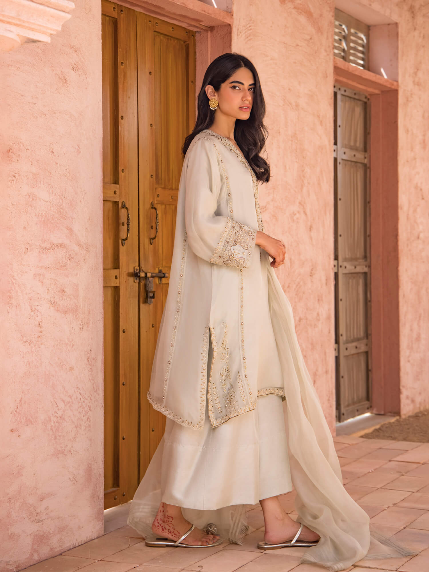 Stunning 3 Piece Net Suit Set | Gulshan Off White Net Suit Dupatta Golden  Work