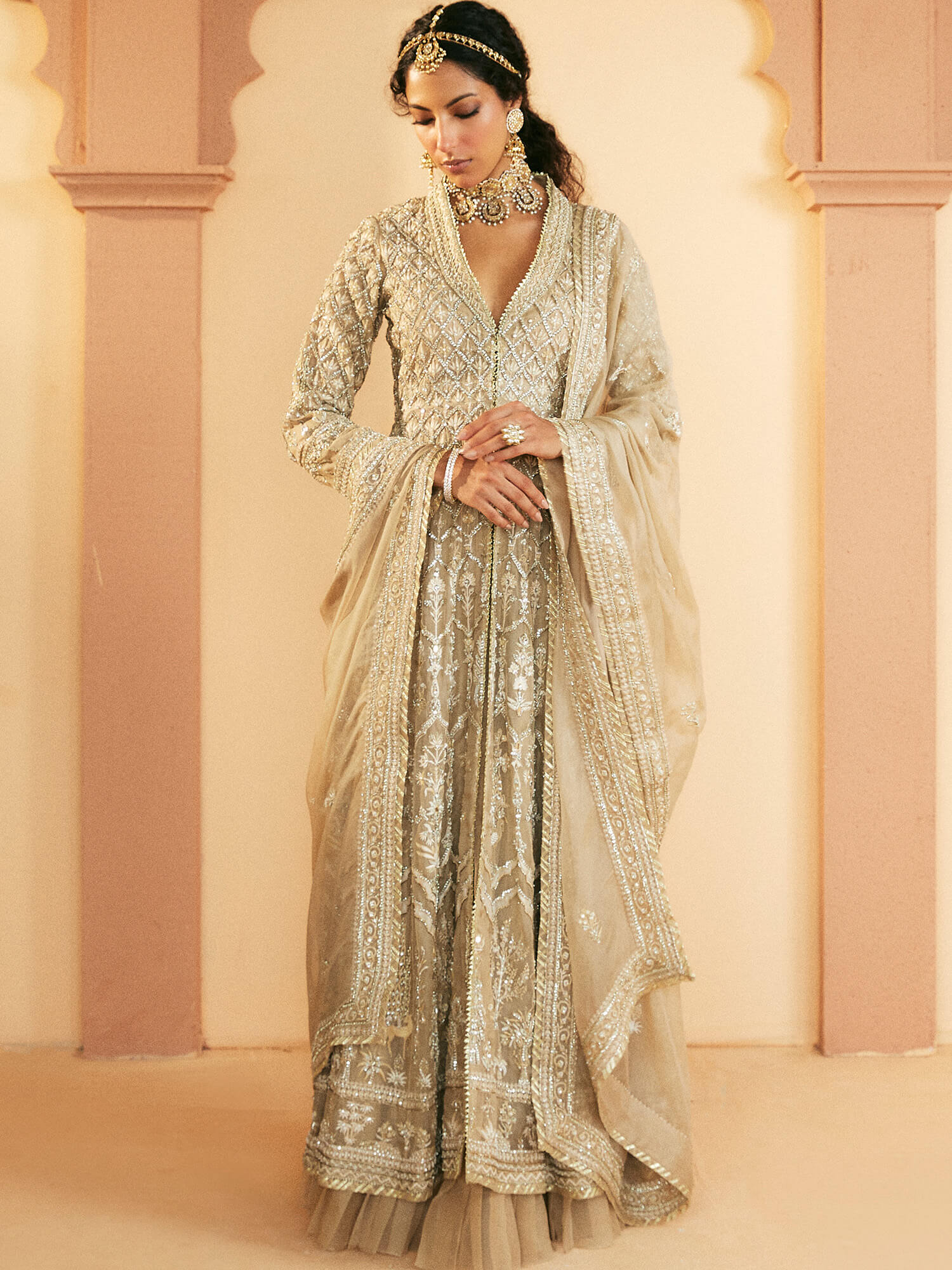 LONG TAPERED COAT, LEHENGA & DUPATTA