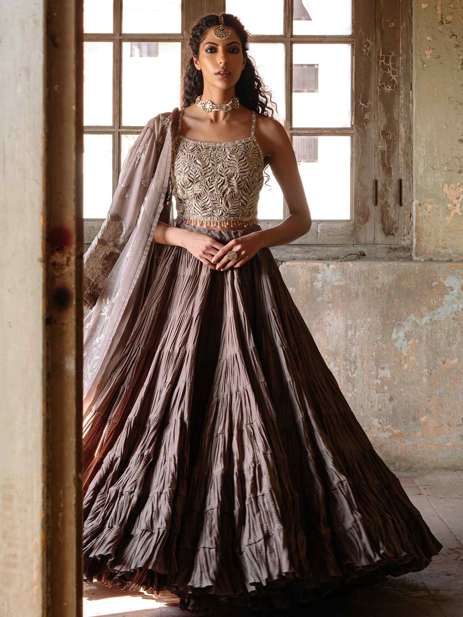 BORGIA COAT, BLOUSE & CRUSHED LEHENGA